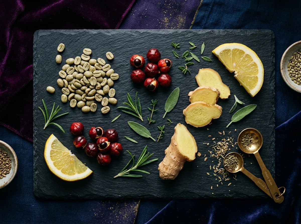 Flat lay of green coffee beans, guarana berries and ginger root - key plant ingredients in Slim Coffee Booster