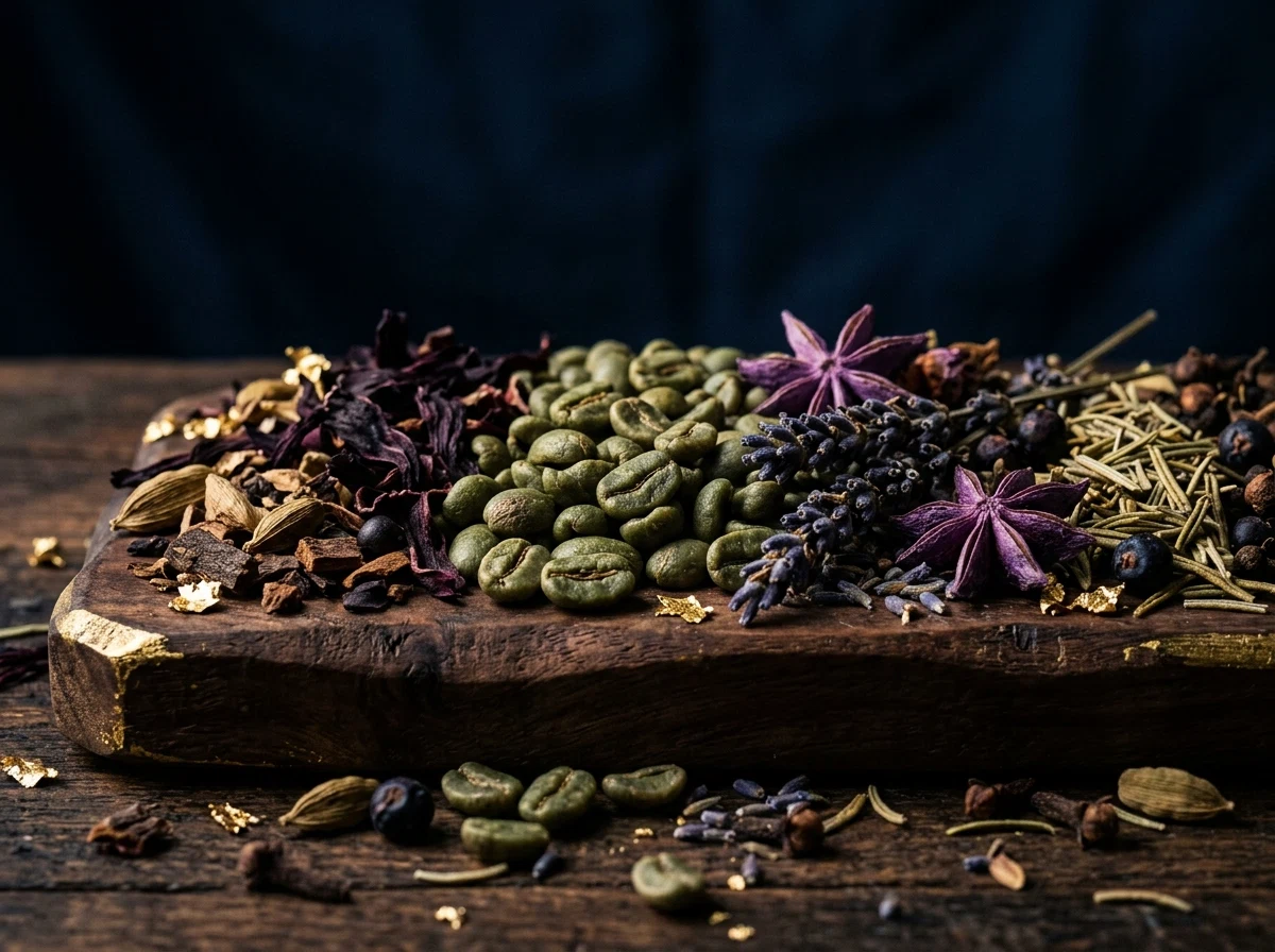 Close-up macro of green coffee beans and dried botanical herbs - natural supplement ingredients
