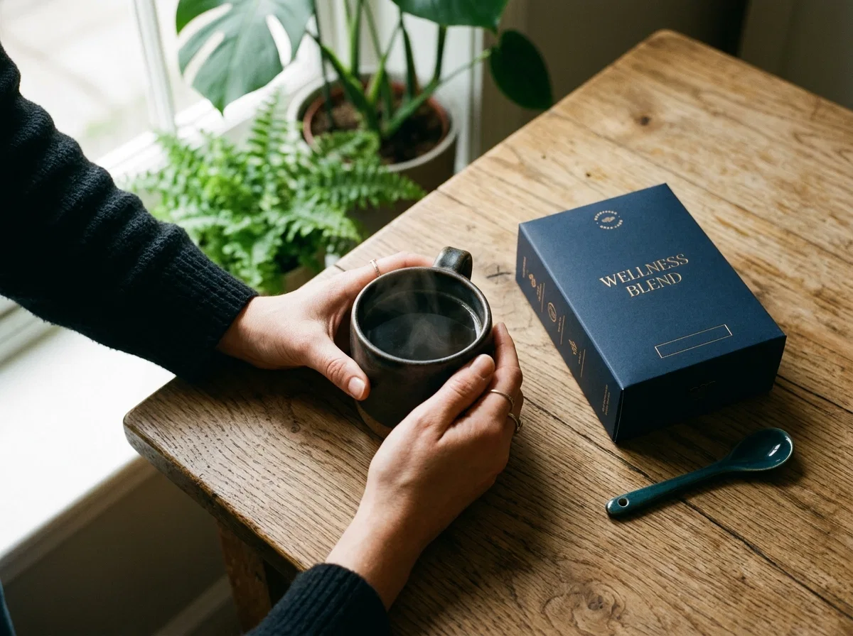 Hands holding a warm mug of coffee on a morning table with supplement box nearby - plant extract supplement daily routine